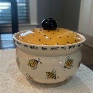 Hand Painted Bee Themed Ceramic Jar with Lid Signed SLR
